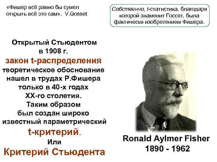  «Фишер всё равно бы сумел открыть всё это сам» . V. Gosset Собственно,