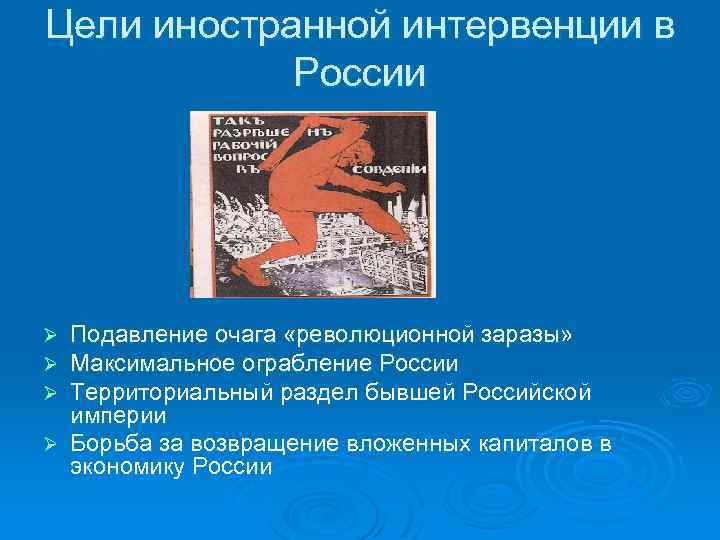 Цели иностранной интервенции в России Подавление очага «революционной заразы» Максимальное ограбление России Территориальный раздел