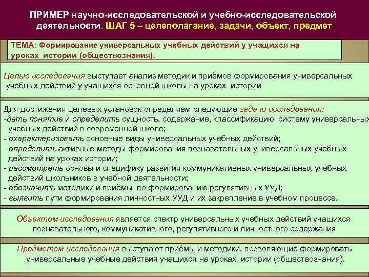 ПРИМЕР научно-исследовательской и учебно-исследовательской деятельности. ШАГ 5 – целеполагание, задачи, объект, предмет ТЕМА: Формирование
