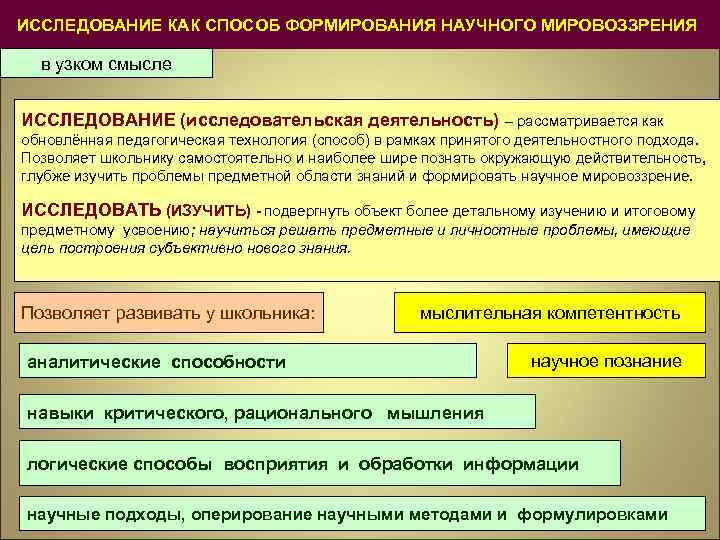 ИССЛЕДОВАНИЕ КАК СПОСОБ ФОРМИРОВАНИЯ НАУЧНОГО МИРОВОЗЗРЕНИЯ в узком смысле ИССЛЕДОВАНИЕ (исследовательская деятельность) – рассматривается