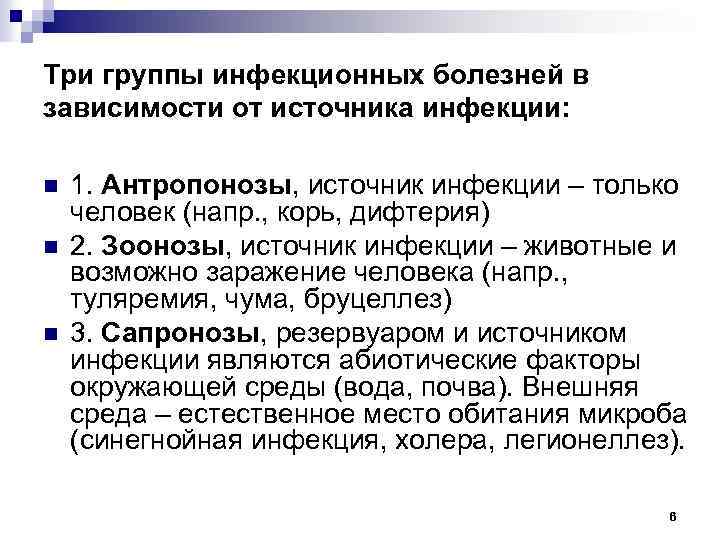 Три группы инфекционных болезней в зависимости от источника инфекции: n n n 1. Антропонозы,