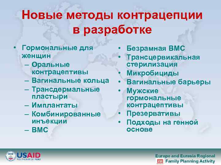Новые методы контрацепции в разработке • Гормональные для женщин – Оральные контрацептивы – Вагинальные