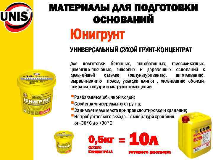 МАТЕРИАЛЫ ДЛЯ ПОДГОТОВКИ ОСНОВАНИЙ Юнигрунт УНИВЕРСАЛЬНЫЙ СУХОЙ ГРУНТ-КОНЦЕНТРАТ Для подготовки бетонных, пенобетонных, газосиликатных, цементно-песчаных,