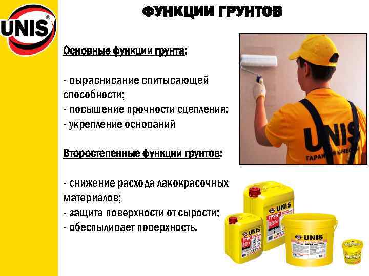 ФУНКЦИИ ГРУНТОВ Основные функции грунта: - выравнивание впитывающей способности; - повышение прочности сцепления; -