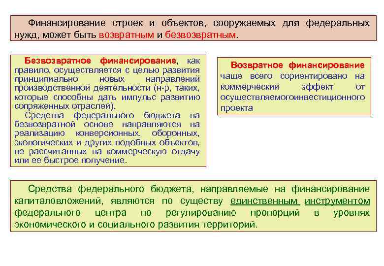 Финансирование строек и объектов, сооружаемых для федеральных нужд, может быть возвратным и безвозвратным. Безвозвратное