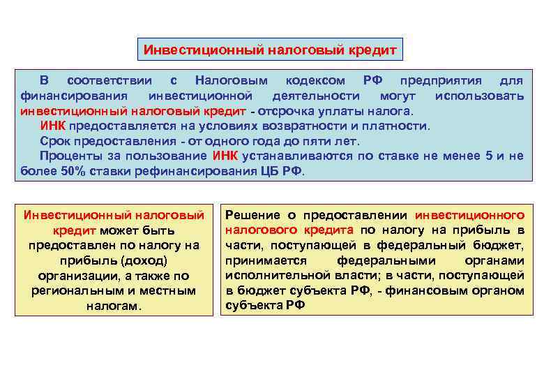 Инвестиционный налоговый кредит В соответствии с Налоговым кодексом РФ предприятия для финансирования инвестиционной деятельности