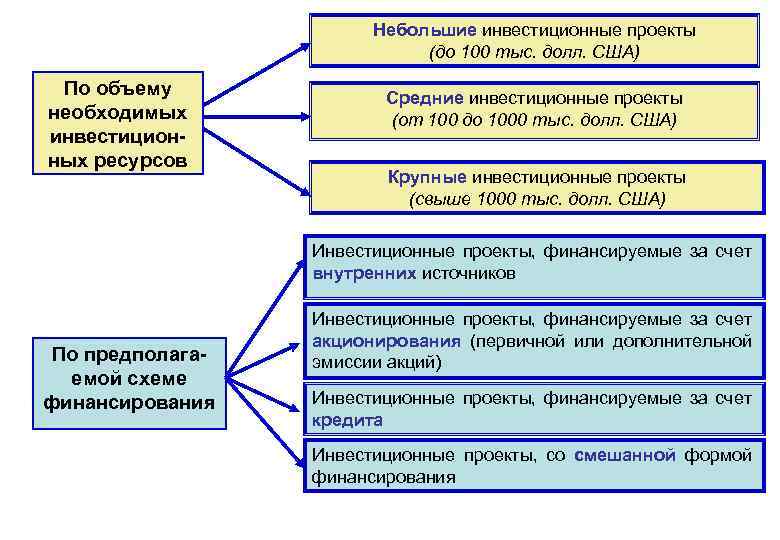 Небольшие инвестиционные проекты (до 100 тыс. долл. США) По объему необходимых инвестиционных ресурсов Средние