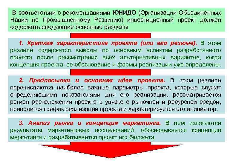 В соответствии с рекомендациями ЮНИДО (Организации Объединенных Наций по Промышленному Развитию) инвестиционный проект должен