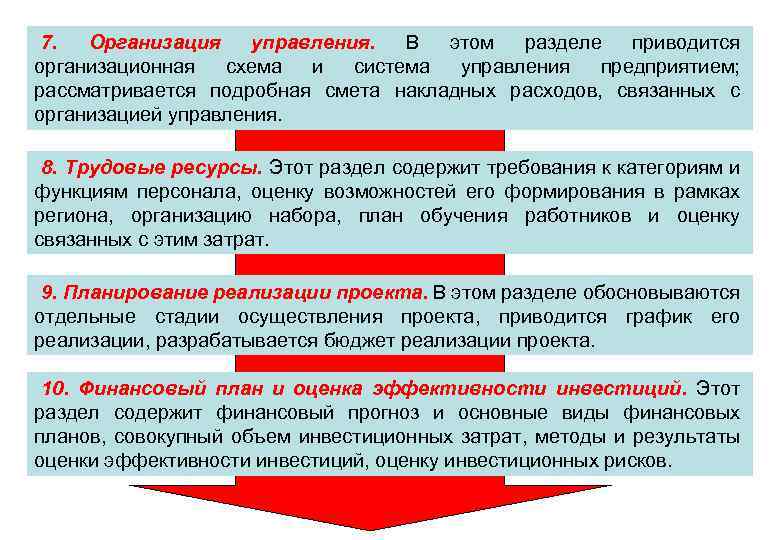 7. Организация управления. В этом разделе приводится организационная схема и система управления предприятием; рассматривается