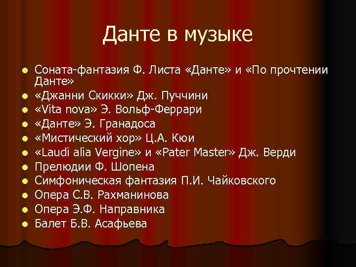 Данте в музыке l l l Соната-фантазия Ф. Листа «Данте» и «По прочтении Данте»