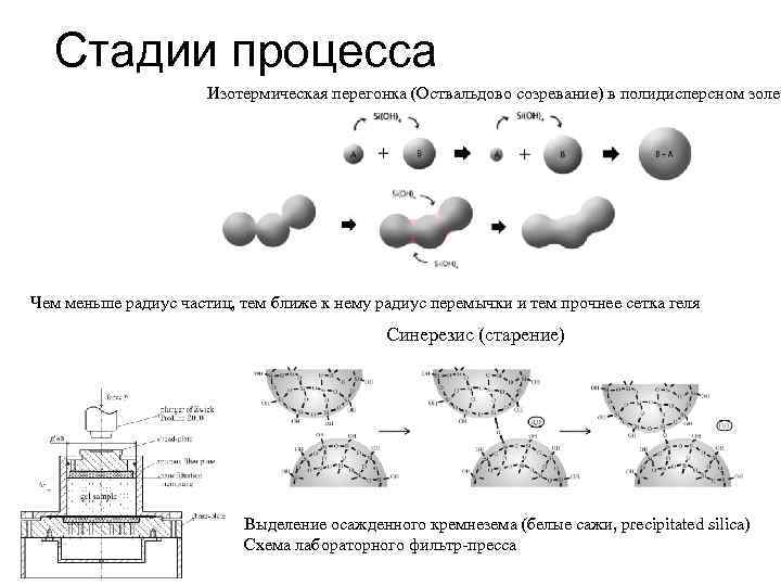 Стадии процесса Изотермическая перегонка (Оствальдово созревание) в полидисперсном золе Чем меньше радиус частиц, тем