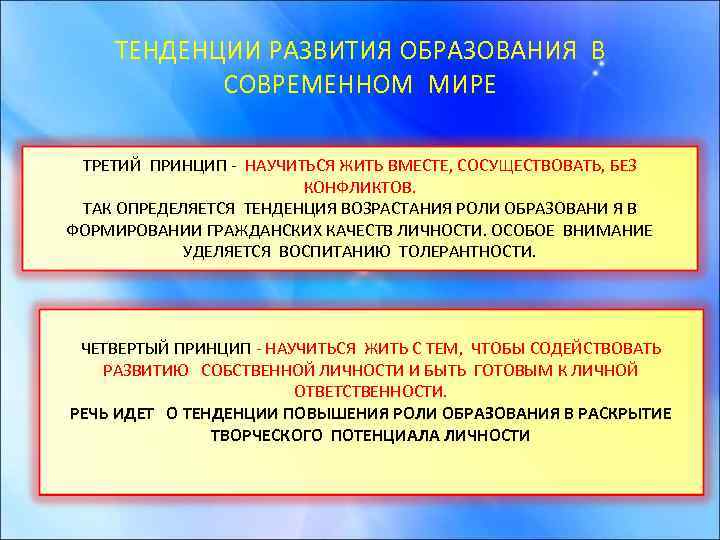 ТЕНДЕНЦИИ РАЗВИТИЯ ОБРАЗОВАНИЯ В СОВРЕМЕННОМ МИРЕ ТРЕТИЙ ПРИНЦИП - НАУЧИТЬСЯ ЖИТЬ ВМЕСТЕ, СОСУЩЕСТВОВАТЬ, БЕЗ