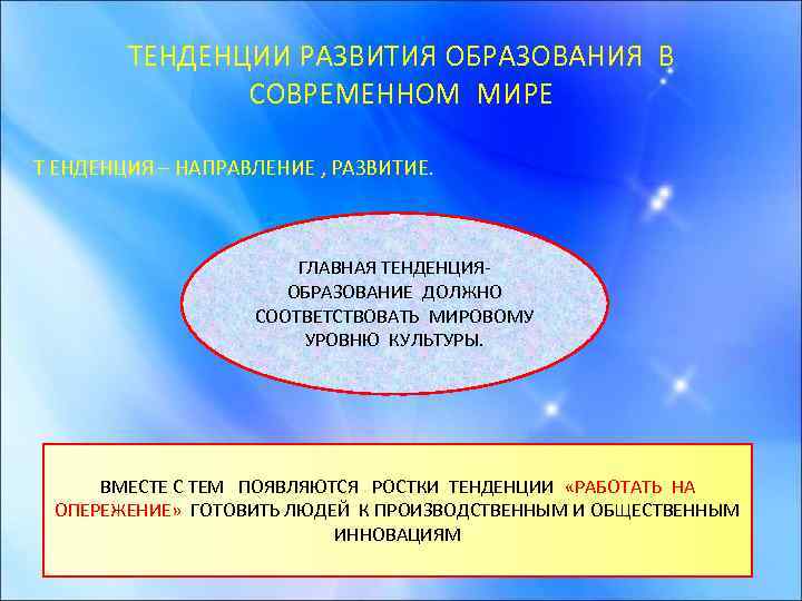 ТЕНДЕНЦИИ РАЗВИТИЯ ОБРАЗОВАНИЯ В СОВРЕМЕННОМ МИРЕ Т ЕНДЕНЦИЯ – НАПРАВЛЕНИЕ , РАЗВИТИЕ. ГЛАВНАЯ ТЕНДЕНЦИЯОБРАЗОВАНИЕ