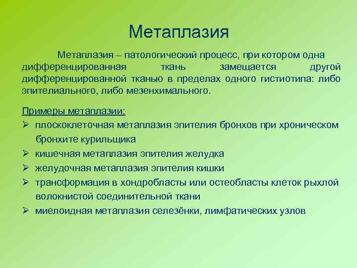 Метаплазия – патологический процесс, при котором одна дифференцированная ткань замещается другой дифференцированной тканью в