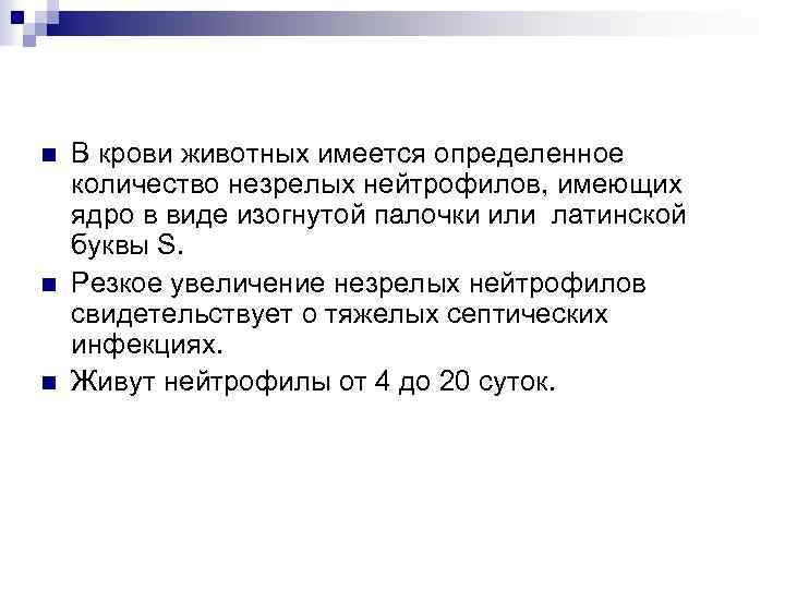 n n n В крови животных имеется определенное количество незрелых нейтрофилов, имеющих ядро в