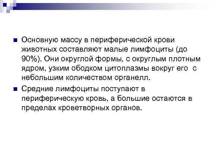 n n Основную массу в периферической крови животных составляют малые лимфоциты (до 90%). Они