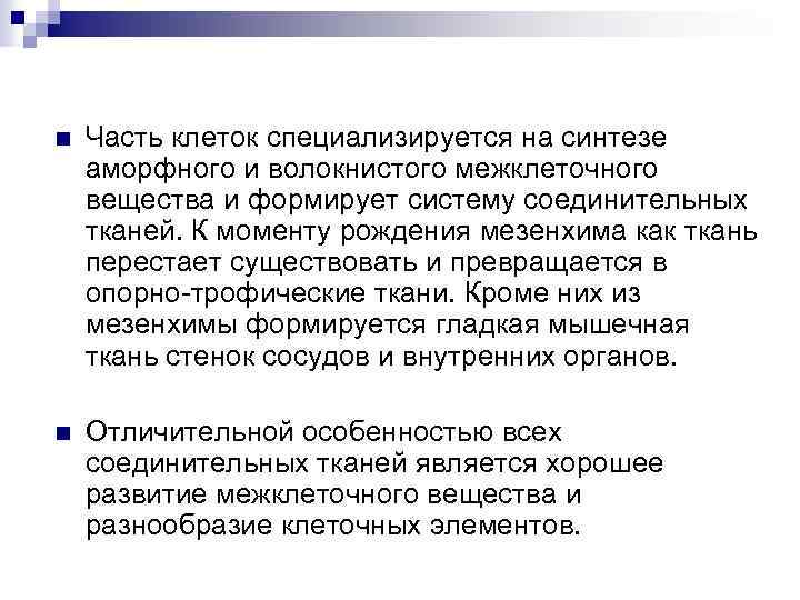 n Часть клеток специализируется на синтезе аморфного и волокнистого межклеточного вещества и формирует систему