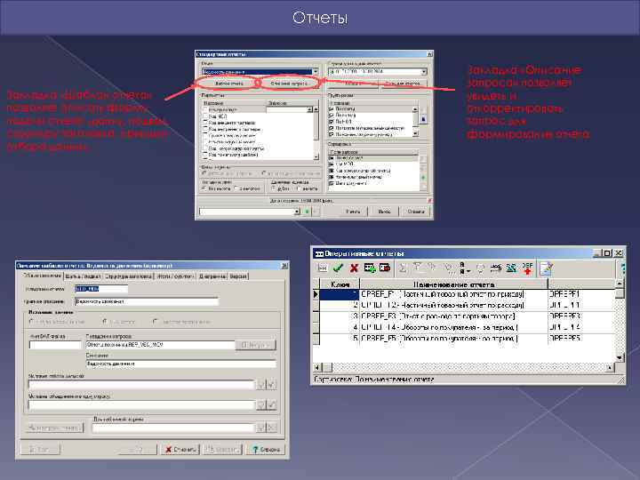  Отчеты Закладка «Описание запроса» позволяет Закладка «Шаблон отчета» увидеть и позволяет описать форму