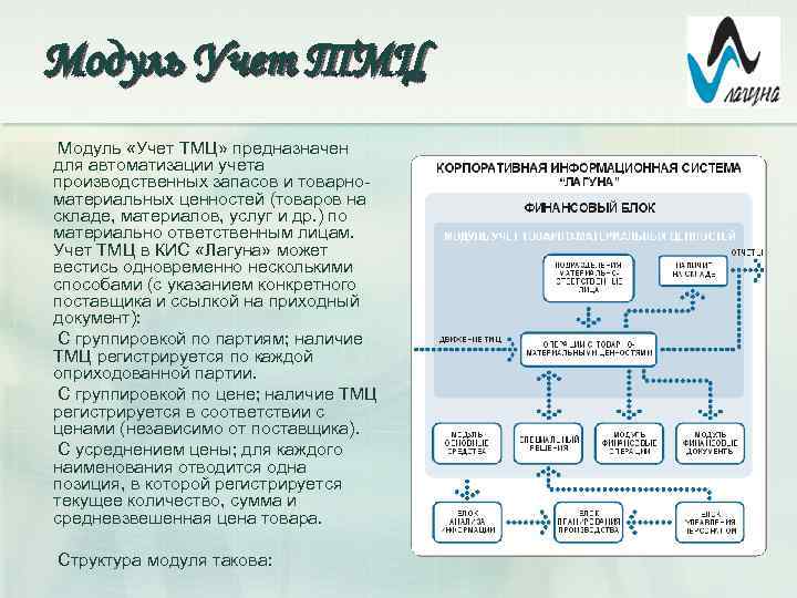 Модуль Учет ТМЦ Модуль «Учет ТМЦ» предназначен для автоматизации учета производственных запасов и товарноматериальных