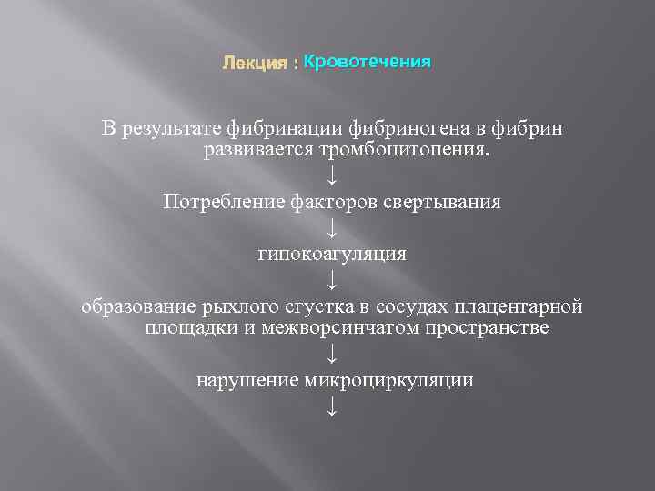 Лекция : Кровотечения В результате фибринации фибриногена в фибрин развивается тромбоцитопения. ↓ Потребление факторов