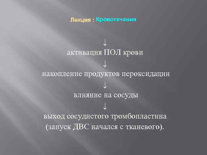 Лекция : Кровотечения ↓ активация ПОЛ крови ↓ накопление продуктов пероксидации ↓ влияние на