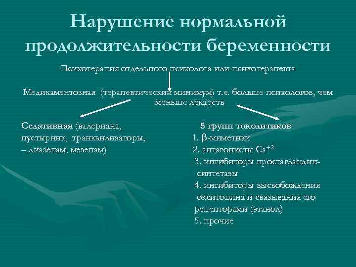 Нарушение нормальной продолжительности беременности Психотерапия отдельного психолога или психотерапевта Медикаментозная (терапевтический минимум) т. е.