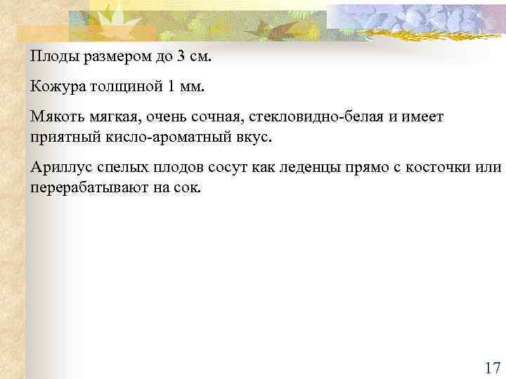 Плоды размером до 3 см. Кожура толщиной 1 мм. Мякоть мягкая, очень сочная, стекловидно-белая