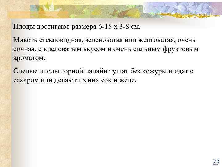 Плоды достигают размера 6 -15 х 3 -8 см. Мякоть стекловидная, зеленоватая или желтоватая,