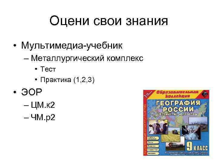 Оцени свои знания • Мультимедиа-учебник – Металлургический комплекс • Тест • Практика (1, 2,