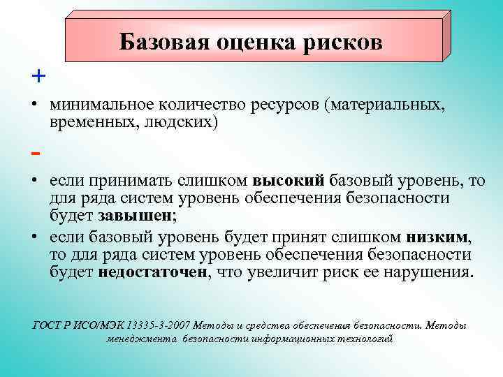 Базовая оценка рисков + • минимальное количество ресурсов (материальных, временных, людских) • если принимать