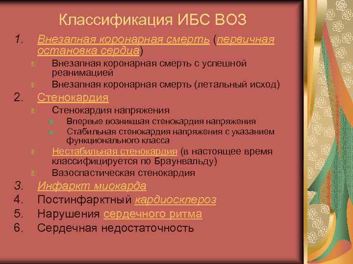 Классификация ИБС ВОЗ 1. Внезапная коронарная смерть (первичная остановка сердца) Внезапная коронарная смерть с