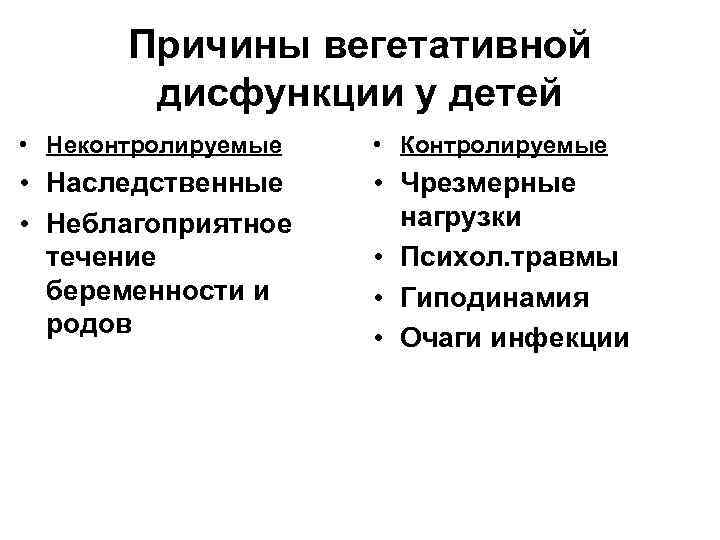 Причины вегетативной дисфункции у детей • Неконтролируемые • Контролируемые • Наследственные • Неблагоприятное течение