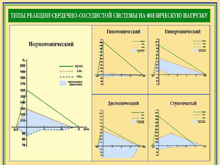 Сопоставьте типы реакции сердечно сосудистой системы на физическую нагрузку c рисунком