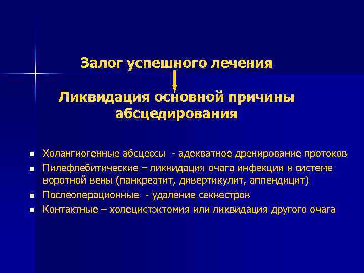 Залог успешного лечения Ликвидация основной причины абсцедирования n n Холангиогенные абсцессы - адекватное дренирование
