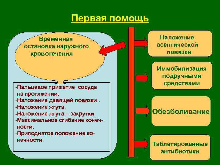 Первая помощь Временная остановка наружного кровотечения -Пальцевое прижатие сосуда на протяжении. -Наложение давящей повязки.