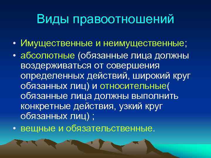 Виды правоотношений • Имущественные и неимущественные; • абсолютные (обязанные лица должны воздерживаться от совершения
