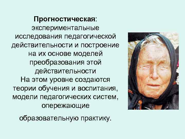 Прогностическая: экспериментальные исследования педагогической действительности и построение на их основе моделей преобразования этой действительности