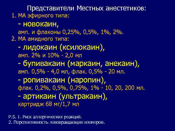 Представители Местных анестетиков: 1. МА эфирного типа: - новокаин, амп. и флаконы 0, 25%,