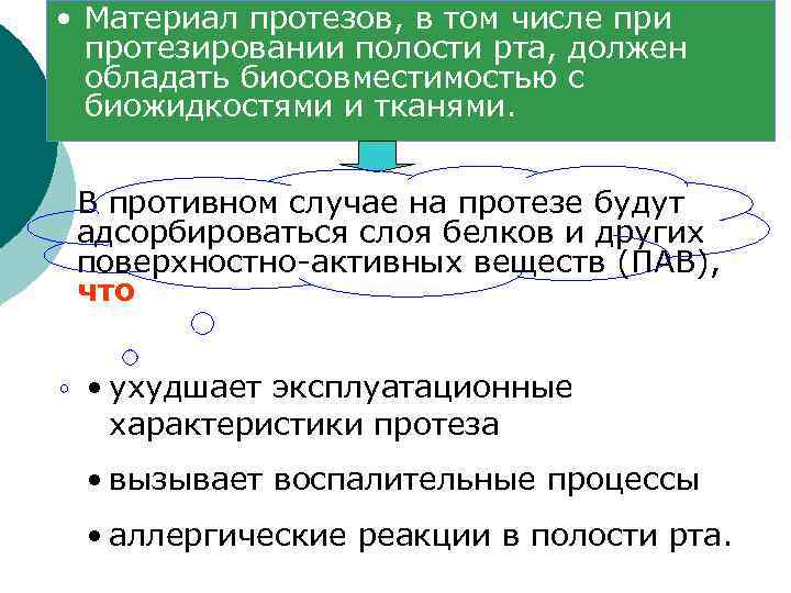  • Материал протезов, в том числе при протезировании полости рта, должен обладать биосовместимостью