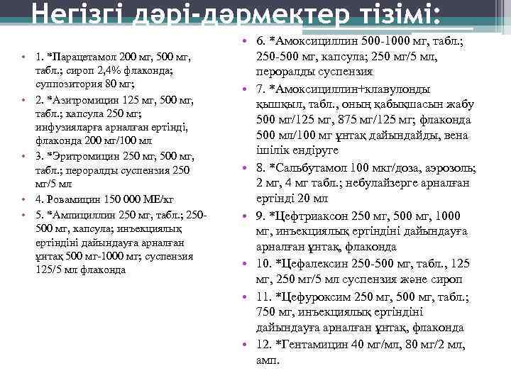Негізгі дәрі-дәрмектер тізімі: • 1. *Парацетамол 200 мг, 500 мг, табл. ; сироп 2,