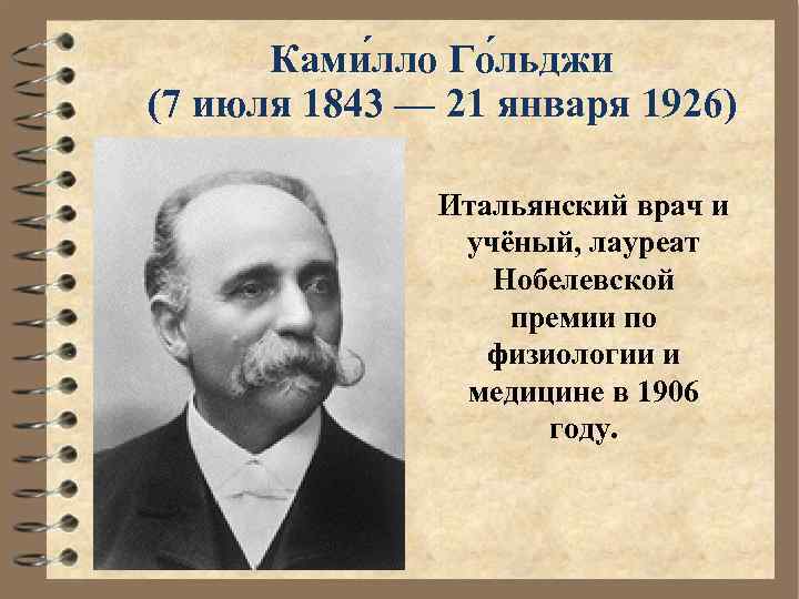 Ками лло Го льджи (7 июля 1843 — 21 января 1926) Итальянский врач и