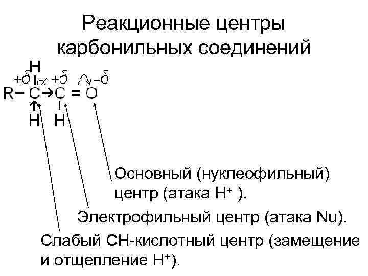 Реакционные центры карбонильных соединений Основный (нуклеофильный) центр (атака Н+ ). Электрофильный центр (атака Nu).