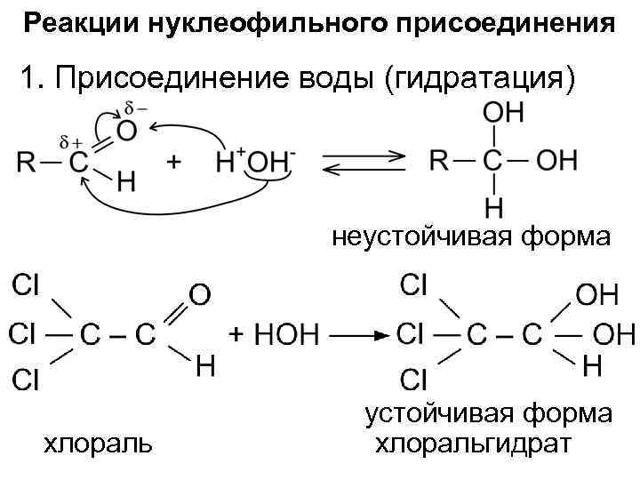 Реакции нуклеофильного присоединения 1. Присоединение воды (гидратация) неустойчивая форма хлоральгидрат 