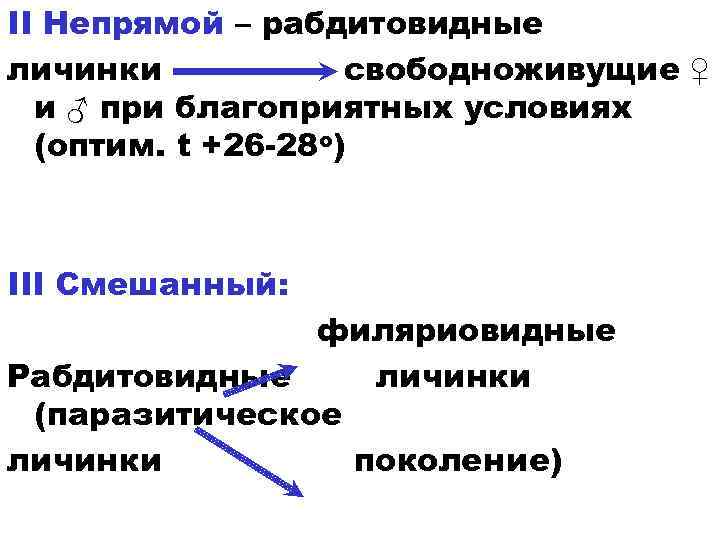 II Непрямой – рабдитовидные личинки свободноживущие ♀ и ♂ при благоприятных условиях (оптим. t