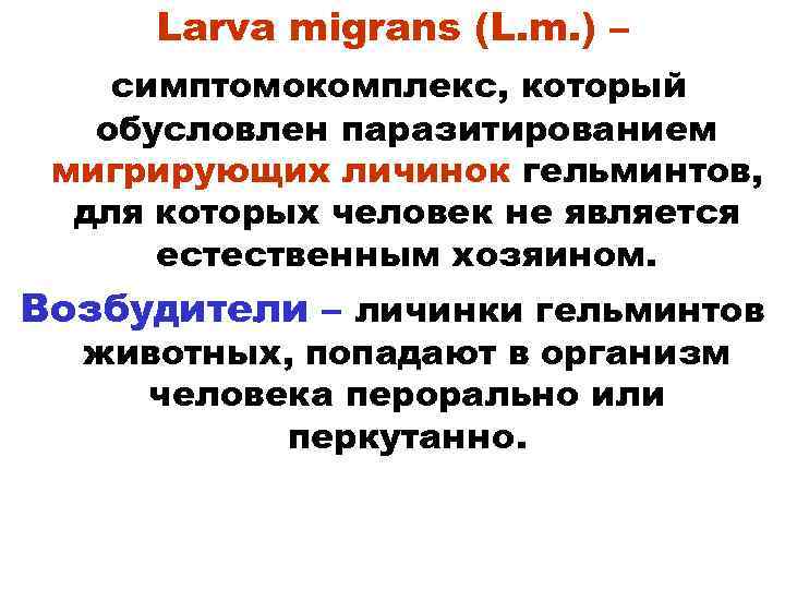 Larva migrans (L. m. ) – симптомокомплекс, который обусловлен паразитированием мигрирующих личинок гельминтов, для
