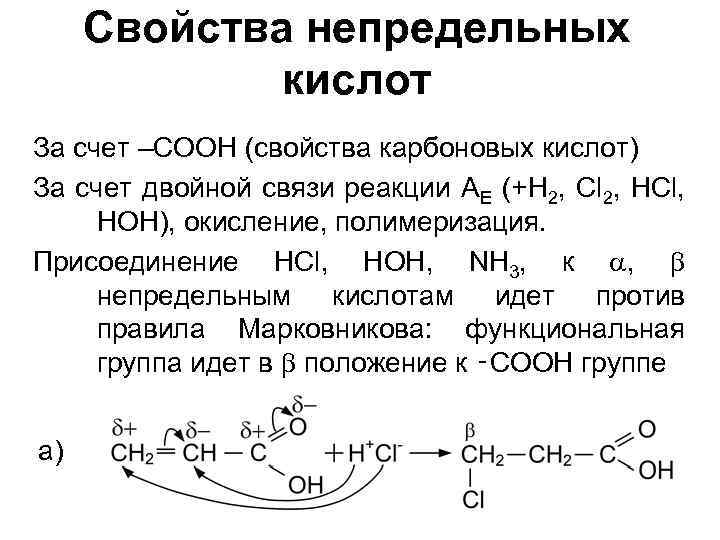 Свойства непредельных кислот За счет –СООН (свойства карбоновых кислот) За счет двойной связи реакции
