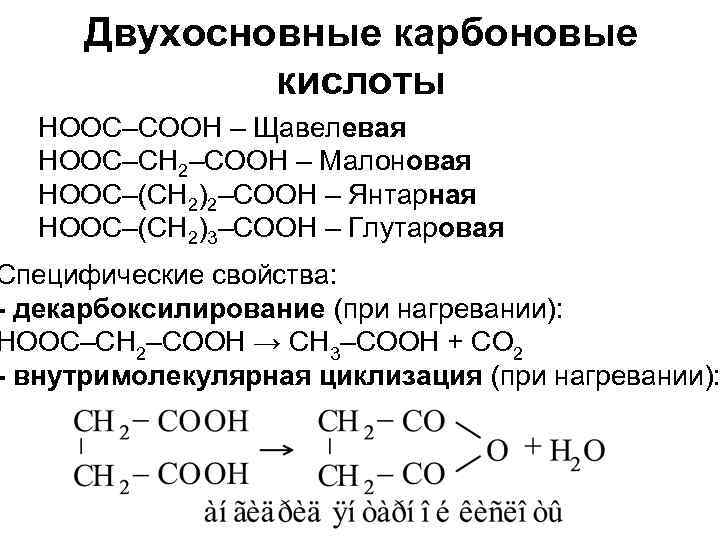 Двухосновные карбоновые кислоты HOOC–COOH – Щавелевая HOOC–CH 2–COOH – Малоновая HOOC–(CH 2)2–COOH – Янтарная