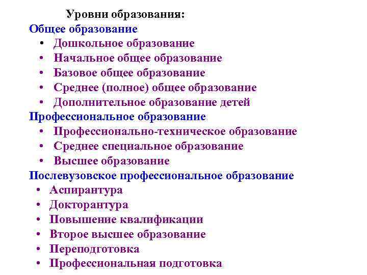 Уровни образования: Общее образование • Дошкольное образование • Начальное общее образование • Базовое общее