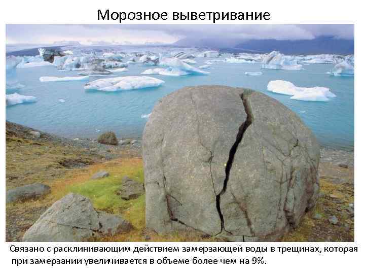 Морозное выветривание Связано с расклинивающим действием замерзающей воды в трещинах, которая при замерзании увеличивается