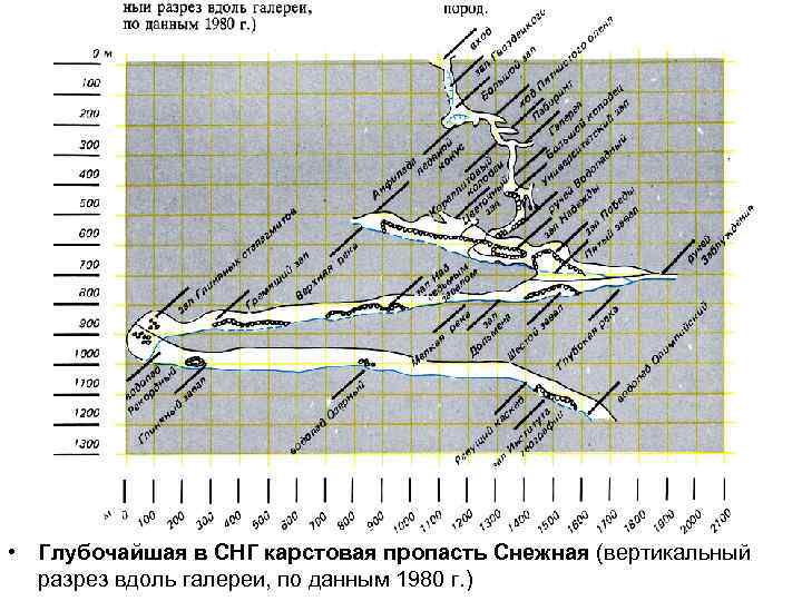  • Глубочайшая в СНГ карстовая пропасть Снежная (вертикальный разрез вдоль галереи, по данным